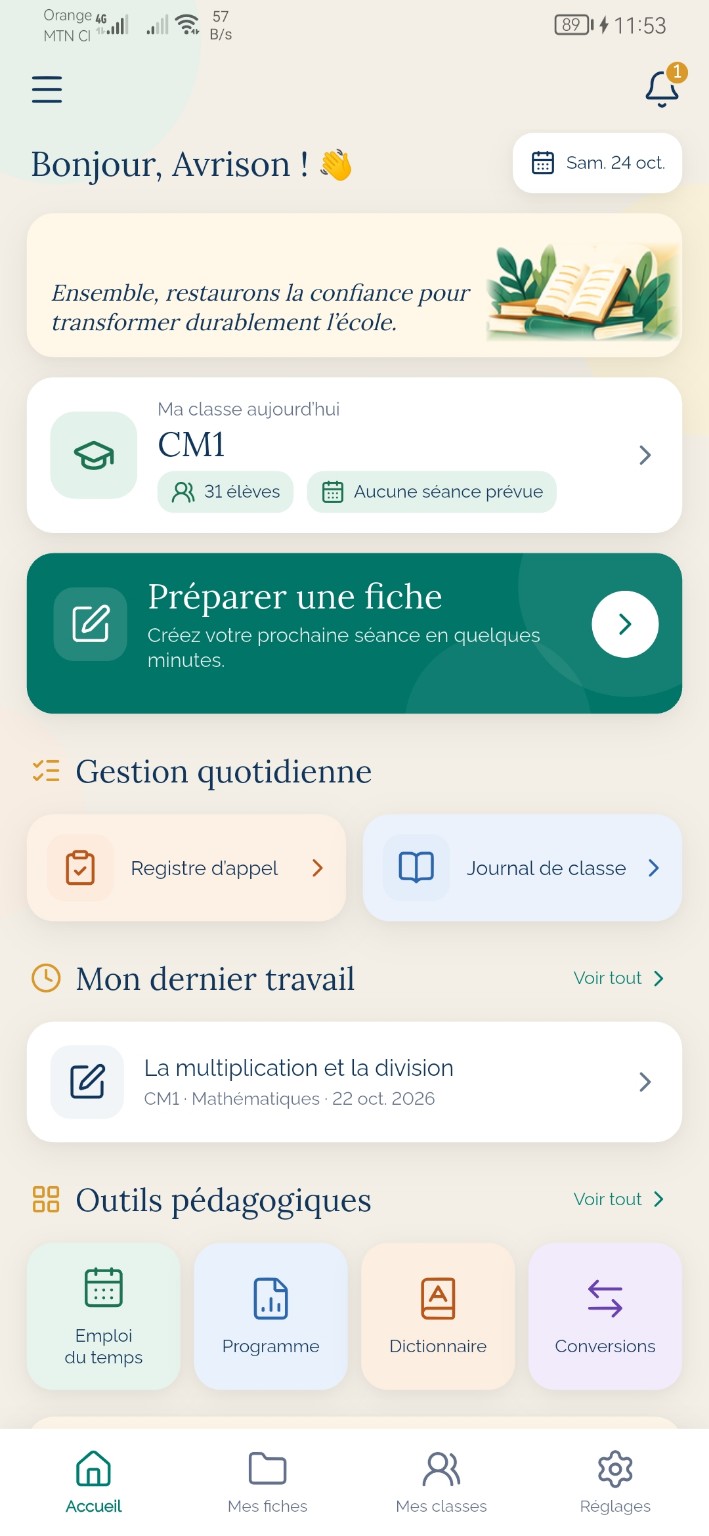Écran d’accueil : classe du jour, préparation et outils pédagogiques