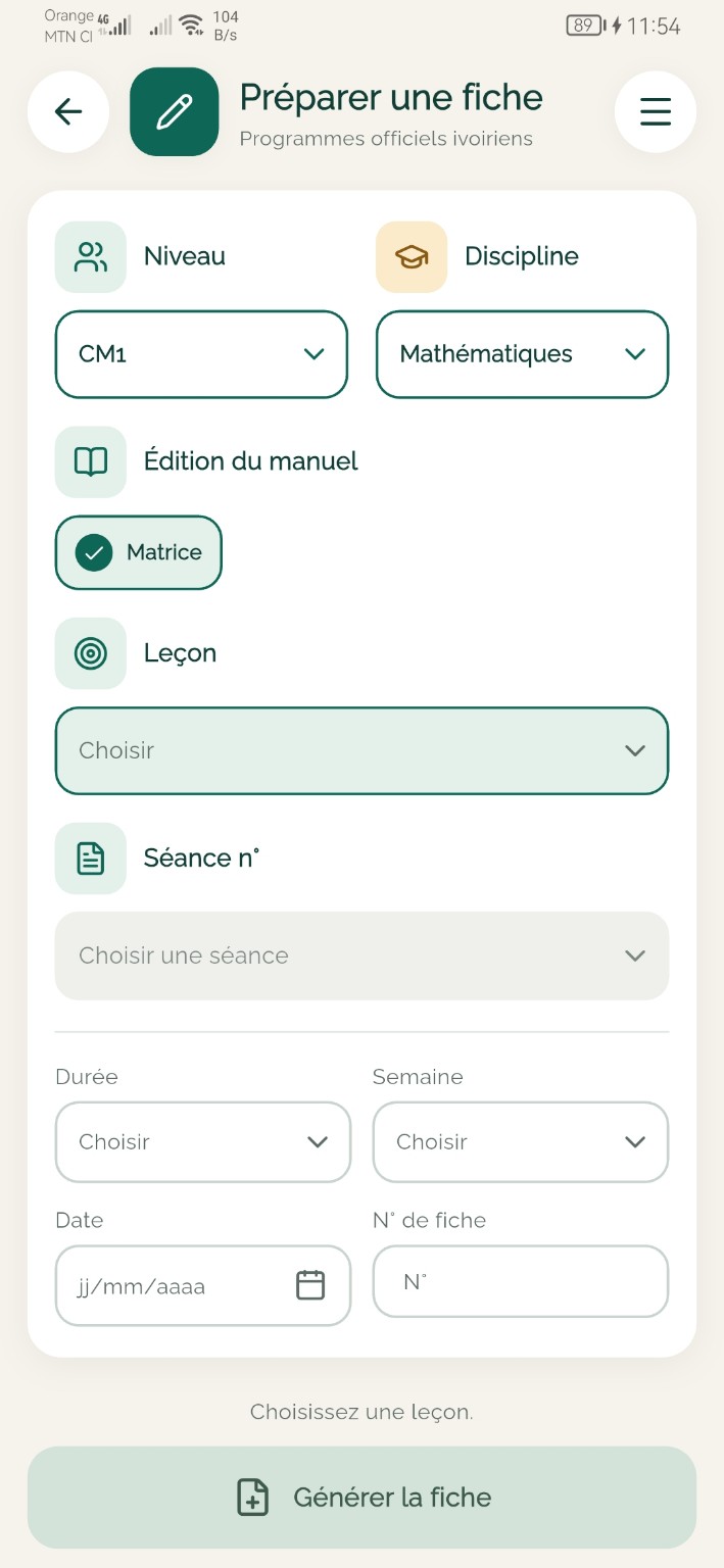 Préparer une fiche : choix du niveau, de la discipline, de la leçon et de la séance